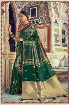 Dark Green Woven Silk Blend Saree With Blouse