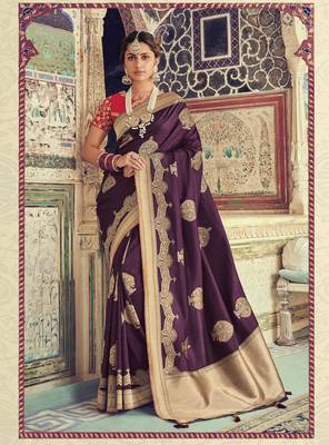 Purple Woven Silk Blend Saree With Blouse 1