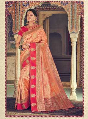 Peach woven silk saree with blouse 1