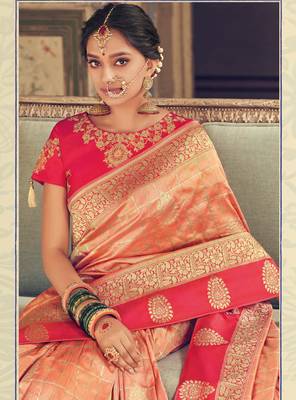 Peach woven silk saree with blouse 2