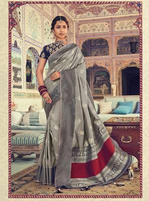 Grey Woven Silk Blend Saree With Blouse 1