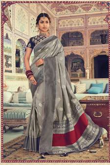 Grey Woven Silk Blend Saree With Blouse