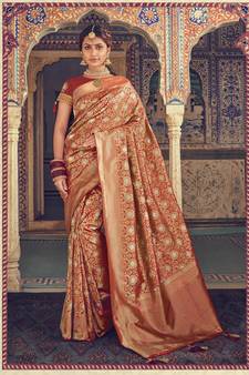 Red Woven Silk Blend Saree With Blouse