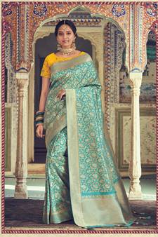 Blue Woven Silk Blend Saree With Blouse