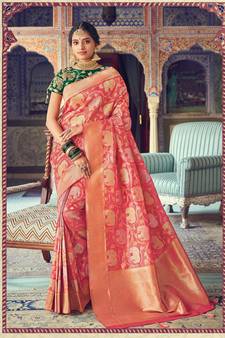 Pink Woven Silk Blend Saree With Blouse