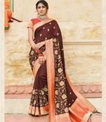 Brown Embroidered Art Silk Saree With Blouse