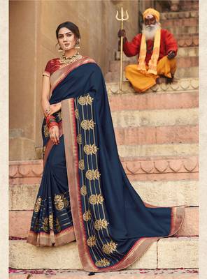 Blue Embroidered Art Silk Saree With Blouse 1