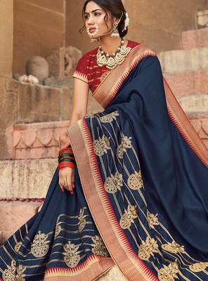 Blue Embroidered Art Silk Saree With Blouse 2