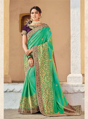 Green embroidered art silk saree with blouse 1