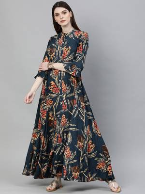 Blue printed rayon long-kurtis 1
