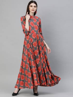 Red printed rayon long-kurtis 1