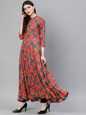 Red printed rayon long-kurtis 3