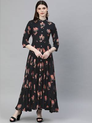 Black printed rayon long-kurtis 1