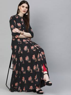 Black printed rayon long-kurtis 2