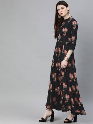 Black printed rayon long-kurtis 3