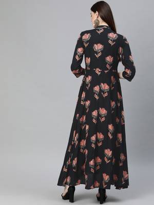 Black printed rayon long-kurtis 4