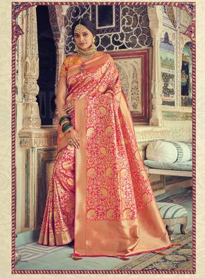Rani Pink Woven Silk Blend Saree With Blouse 1