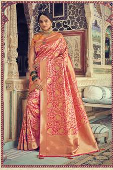 Rani Pink Woven Silk Blend Saree With Blouse