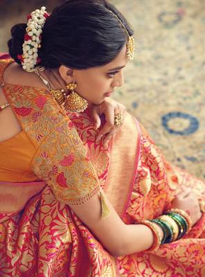 Rani Pink Woven Silk Blend Saree With Blouse 2
