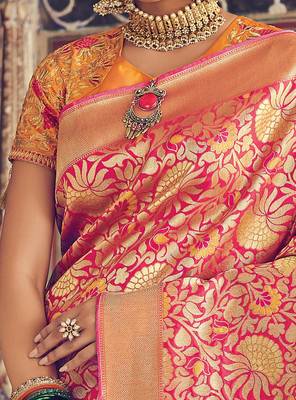 Rani Pink Woven Silk Blend Saree With Blouse 3