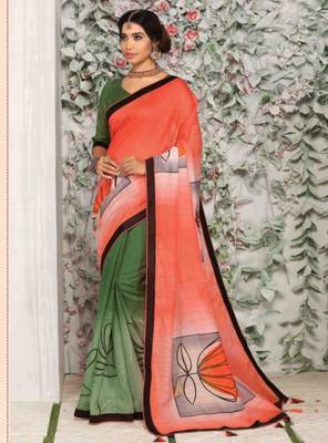 Pink printed georgette saree with blouse 1