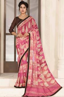 Pink Printed Georgette Saree With Blouse