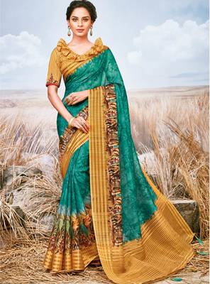 Turquoise printed pure georgette saree with blouse 1