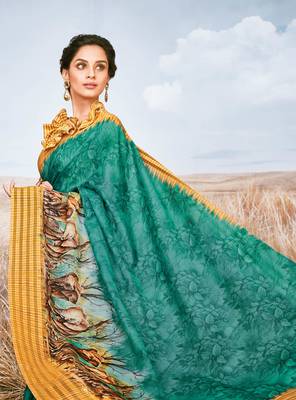 Turquoise printed pure georgette saree with blouse 2
