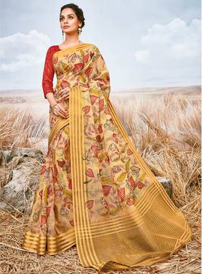 Beige printed pure georgette saree with blouse 1