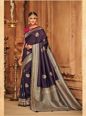 Purple Woven Silk Blend Saree With Blouse 1