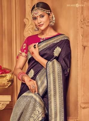 Purple Woven Silk Blend Saree With Blouse 2
