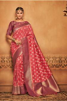 Pink Woven Silk Blend Saree With Blouse