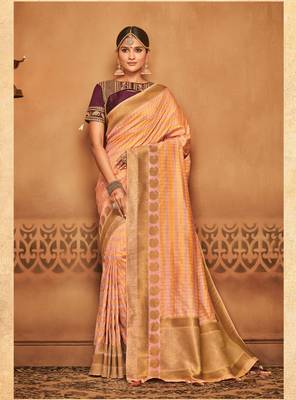 Peach Woven Silk Blend Saree With Blouse 1