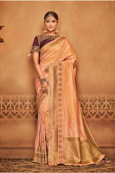 Peach Woven Silk Blend Saree With Blouse