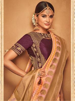 Peach Woven Silk Blend Saree With Blouse 2