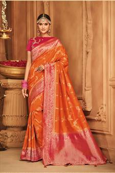 Orange Woven Silk Blend Saree With Blouse