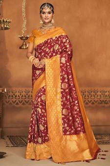 Maroon Woven Silk Blend Saree With Blouse
