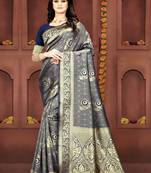 Navy blue woven banarasi silk saree with blouse