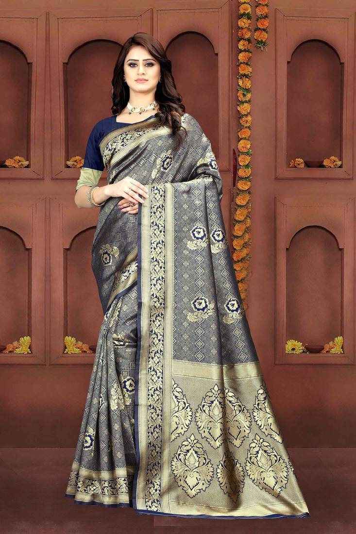 Navy blue woven banarasi silk saree with blouse