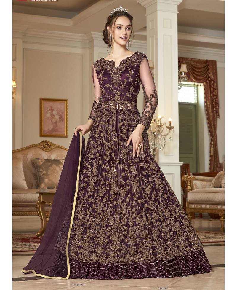 Wine embroidered net salwar