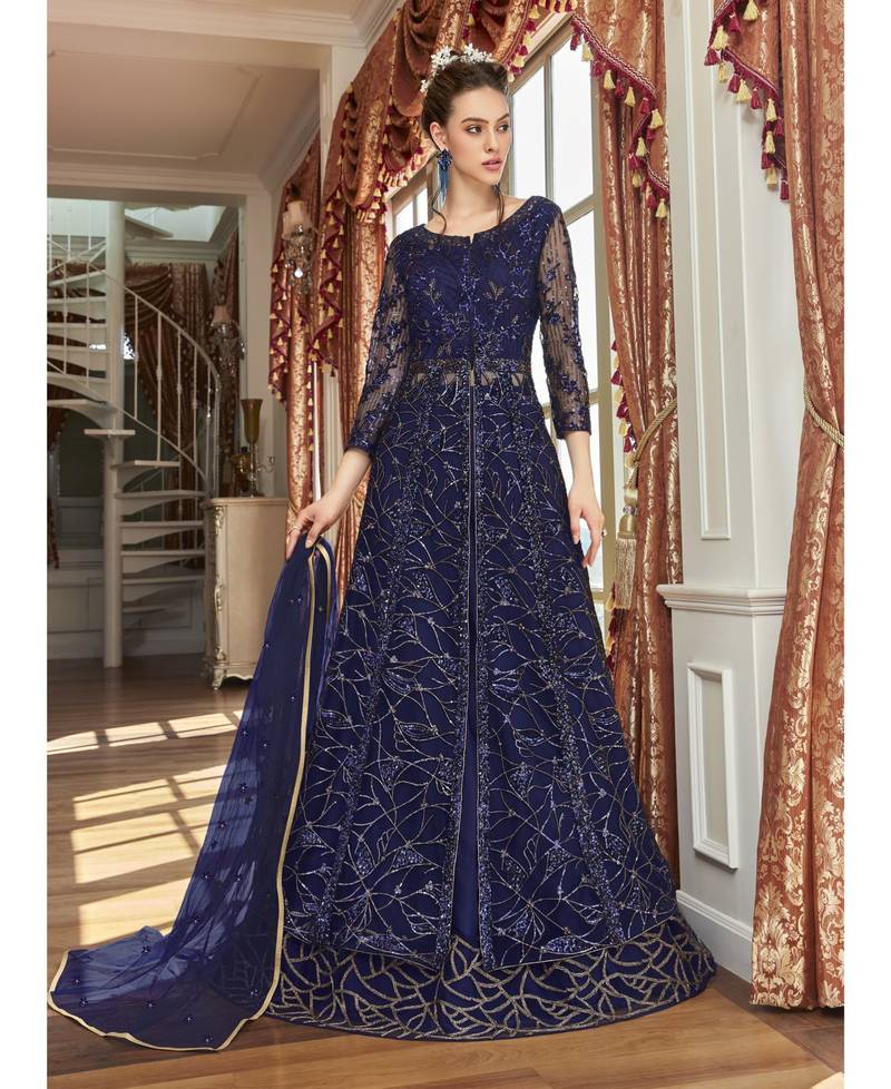 Royal blue embroidered net salwar