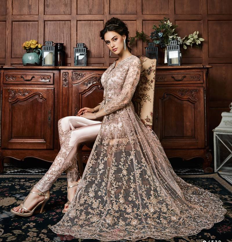 Beige embroidered net salwar