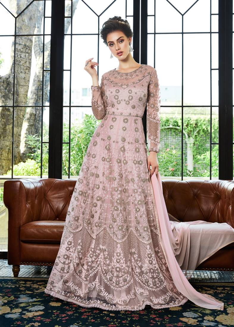 Peach embroidered net salwar