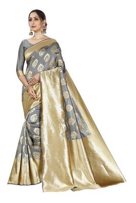 grey woven silk blend saree with blouse 1
