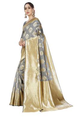 grey woven silk blend saree with blouse 2