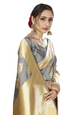 grey woven silk blend saree with blouse 4