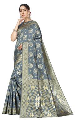 grey woven silk blend saree with blouse 1