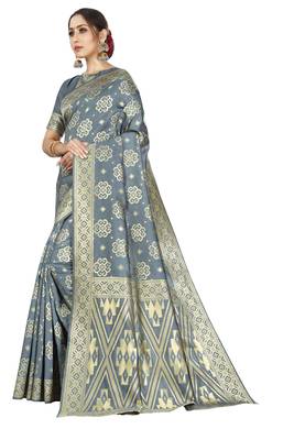 grey woven silk blend saree with blouse 2