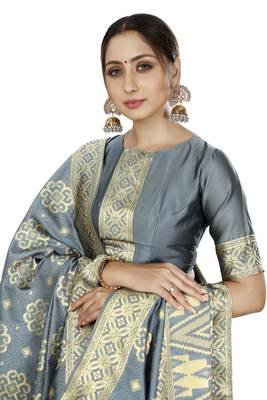 grey woven silk blend saree with blouse 4