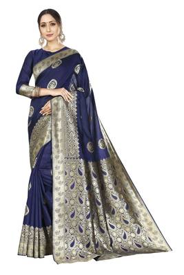 blue woven silk blend saree with blouse 1